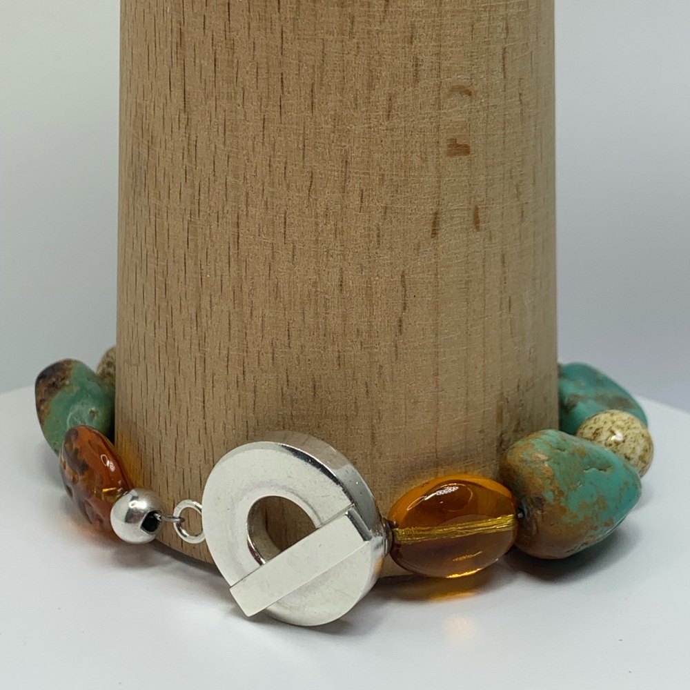 Vintage RAGE Sterling Silver, Turquoise & Carnelian Toggle Clasp Beaded Bracelet - Picture 5 of 15